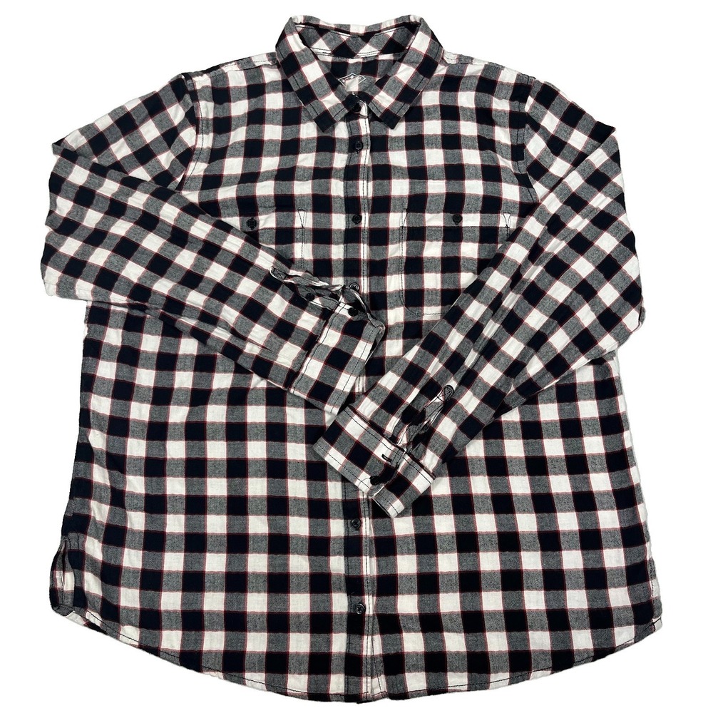 St John's Bay Men's L Flannel Shirt Red Black Gray Plaid 100% Cotton Long Sleeve